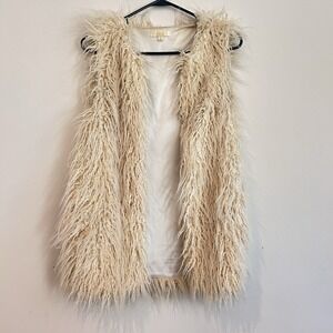 Dani Shaggy Vest Sz M Cardigan Boho Festival Western Open Front Ivory Cream